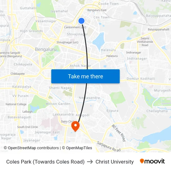 Coles Park (Towards Coles Road) to Christ University map