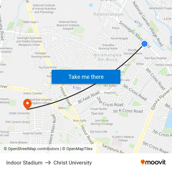 Indoor Stadium to Christ University map