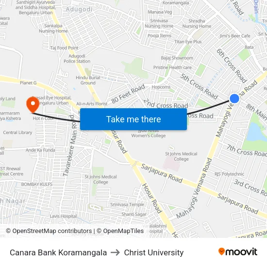 Canara Bank Koramangala to Christ University map