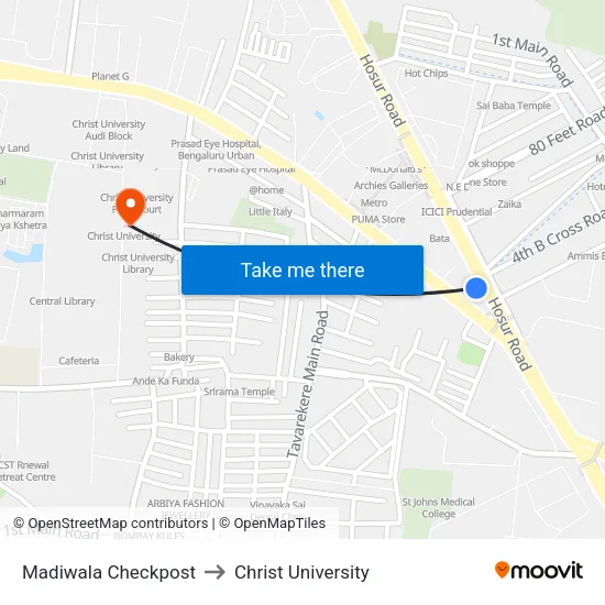 Madiwala Checkpost to Christ University map