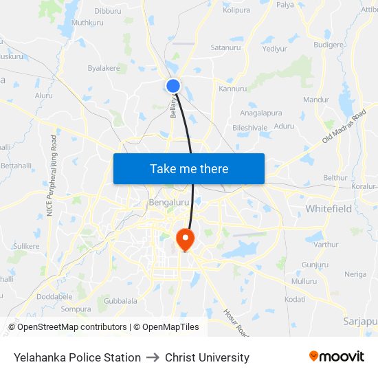 Yelahanka Police Station to Christ University map