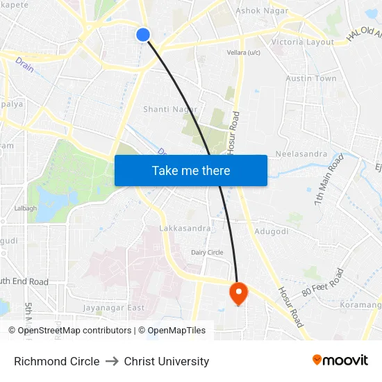 Richmond Circle to Christ University map