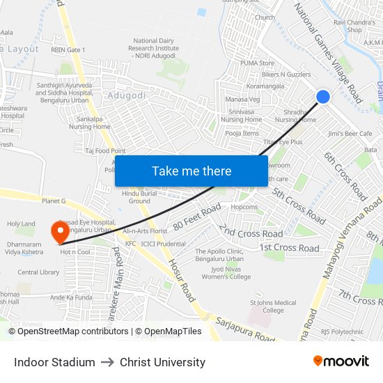 Indoor Stadium to Christ University map