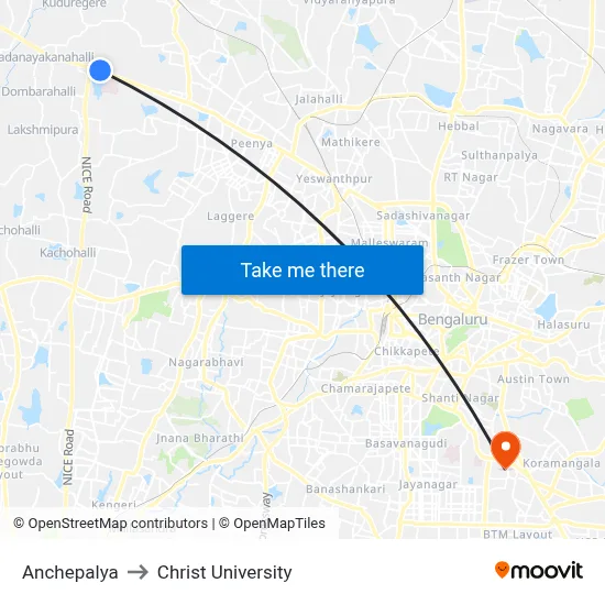 Anchepalya to Christ University map