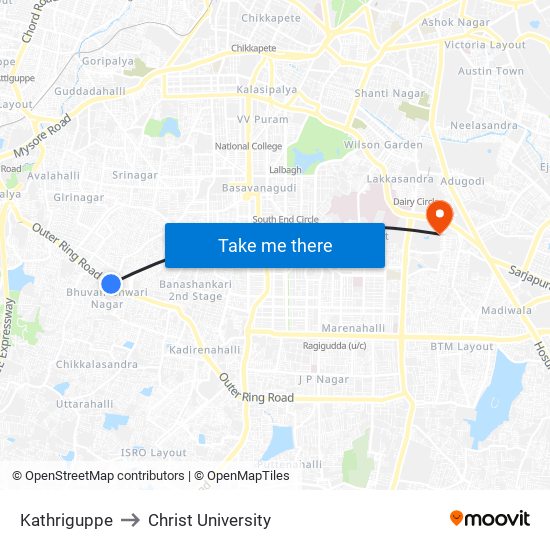 Kathriguppe to Christ University map