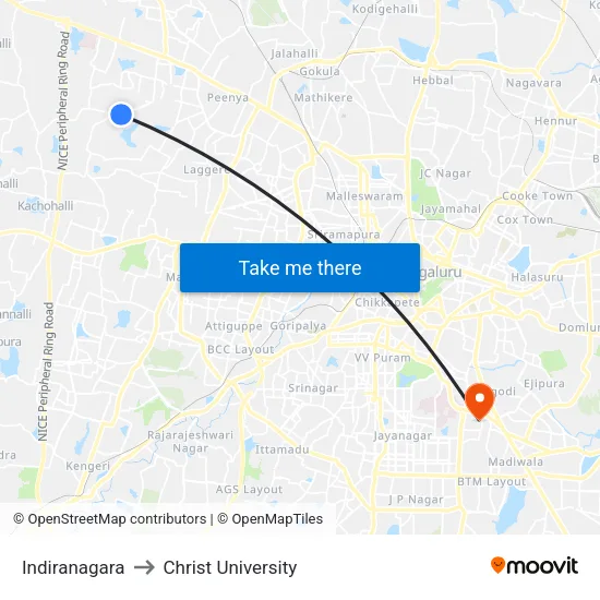 Indiranagara to Christ University map