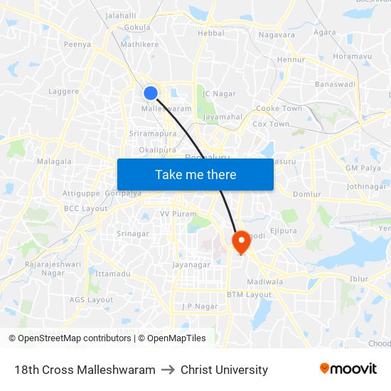 18th Cross Malleshwaram to Christ University map