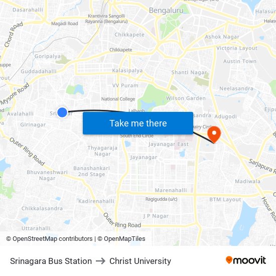 Srinagara Bus Station to Christ University map