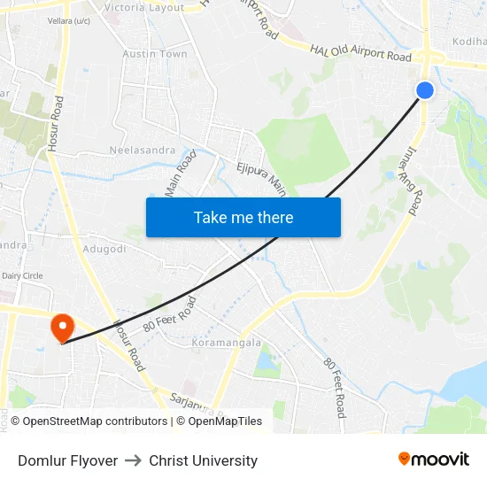 Domlur Flyover to Christ University map