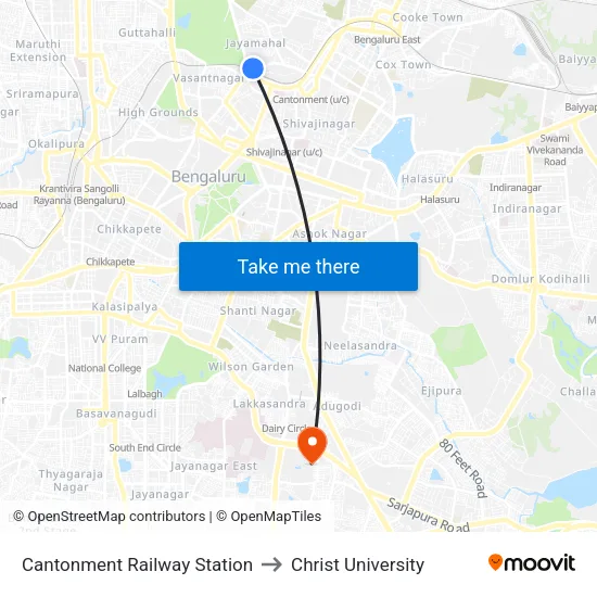 Cantonment Railway Station to Christ University map