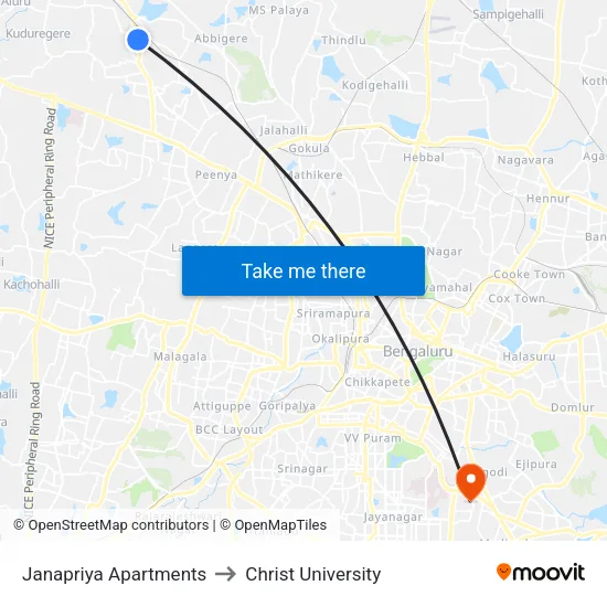 Janapriya Apartments to Christ University map