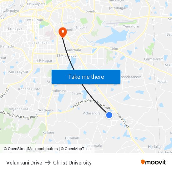 Velankani Drive to Christ University map