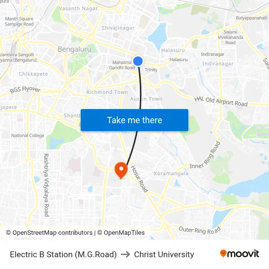 Electric B Station (M.G.Road) to Christ University map