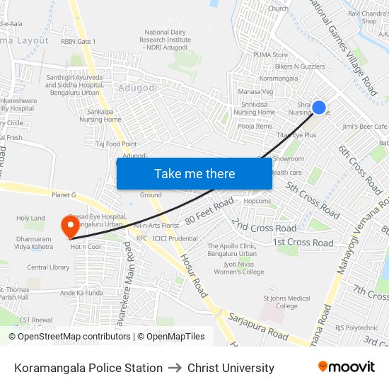 Koramangala Police Station to Christ University map