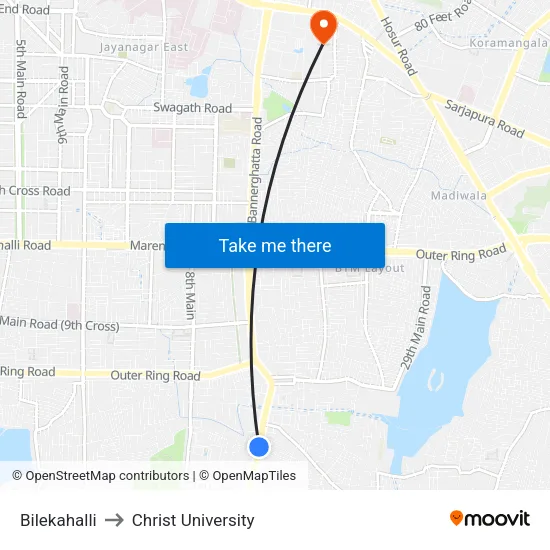 Bilekahalli to Christ University map