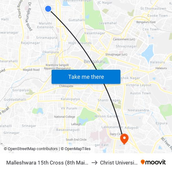 Malleshwara 15th Cross (8th Main) to Christ University map