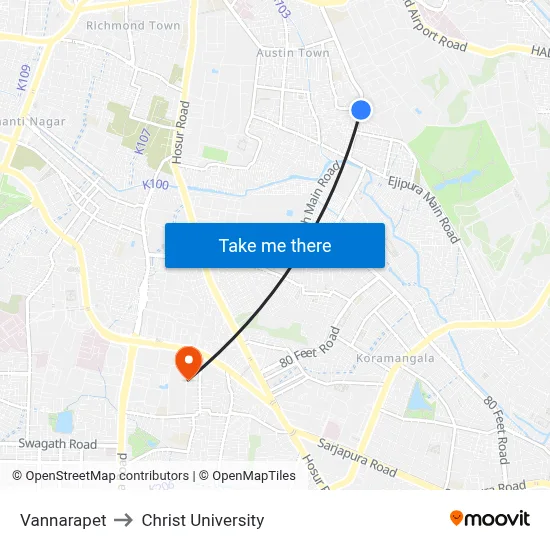 Vannarapet to Christ University map