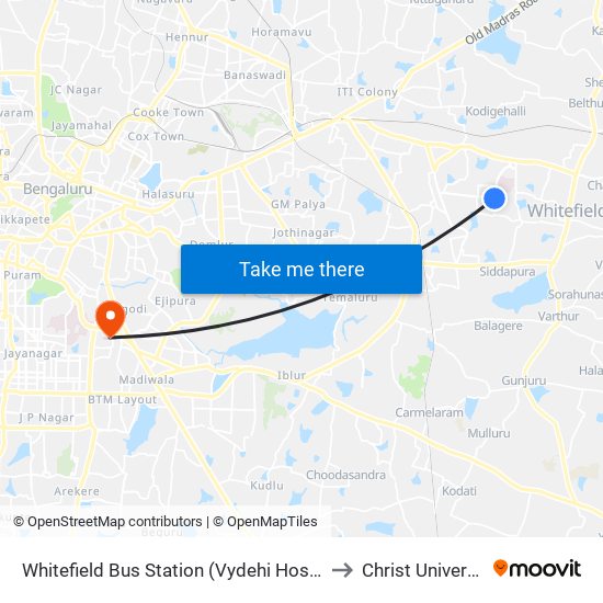 Whitefield Bus Station (Vydehi Hospital) to Christ University map