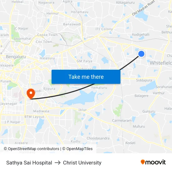 Sathya Sai Hospital to Christ University map