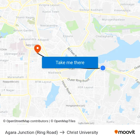 Agara Junction (Ring Road) to Christ University map