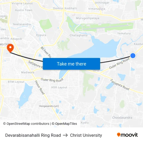 Devarabisanahalli Ring Road to Christ University map