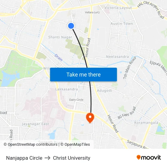 Nanjappa Circle to Christ University map