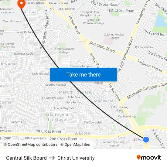 Central Silk Board to Christ University map