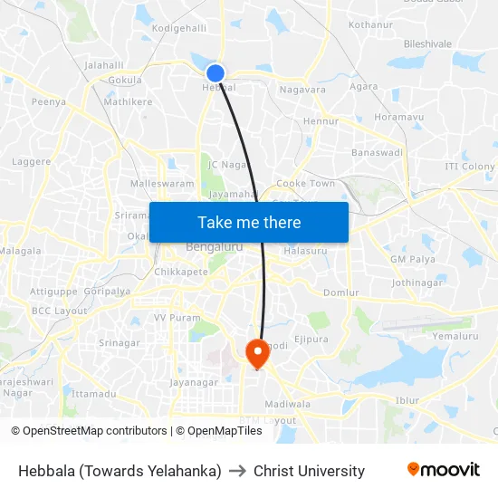 Hebbala (Towards Yelahanka) to Christ University map