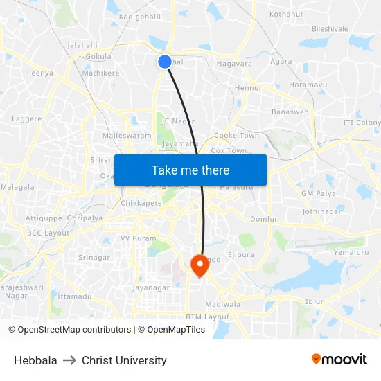 Hebbala to Christ University map