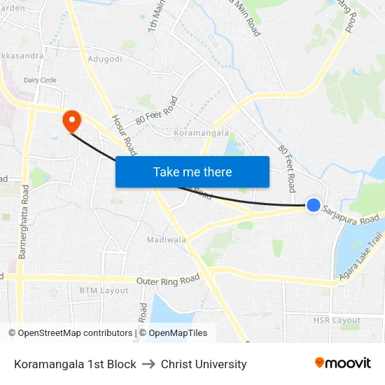 Koramangala 1st Block to Christ University map