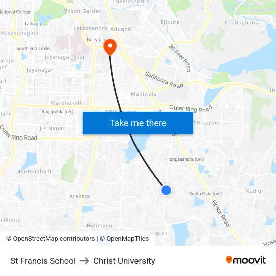 St Francis School to Christ University map