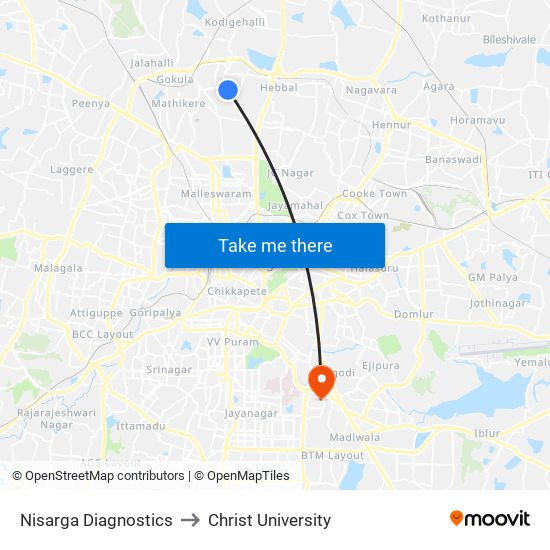 Nisarga Diagnostics to Christ University map