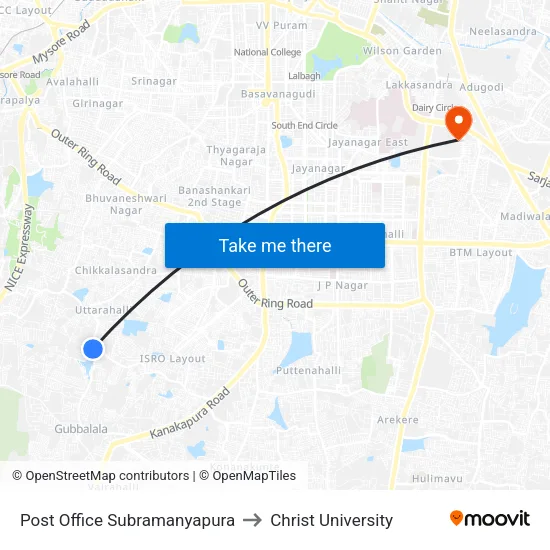 Post Office Subramanyapura to Christ University map