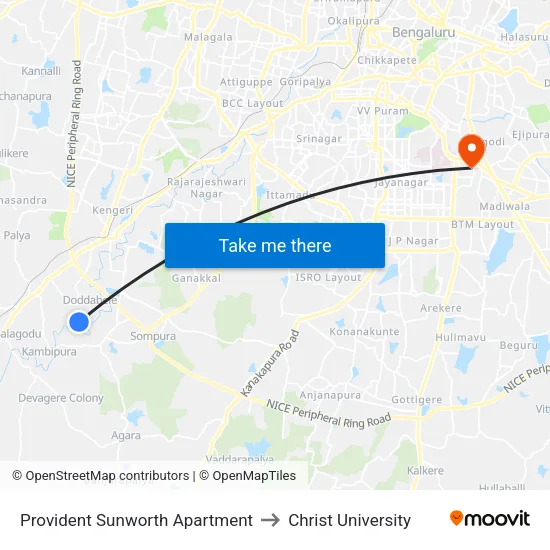 Provident Sunworth Apartment to Christ University map