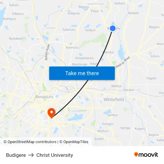 Budigere to Christ University map