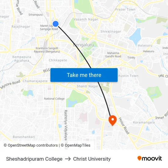 Sheshadripuram College to Christ University map