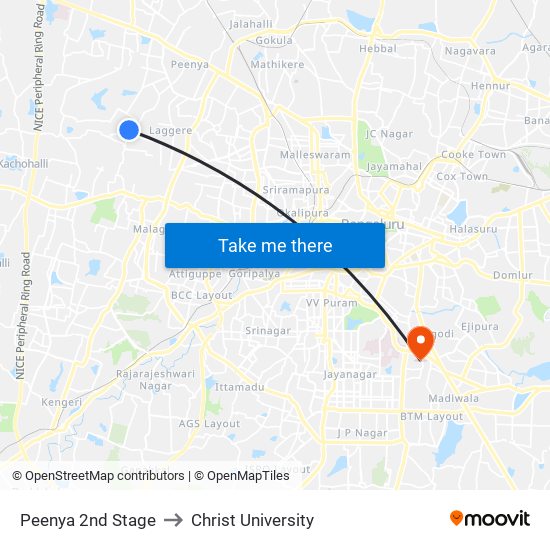 Peenya 2nd Stage to Christ University map