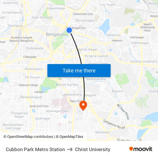 Cubbon Park Metro Station to Christ University map