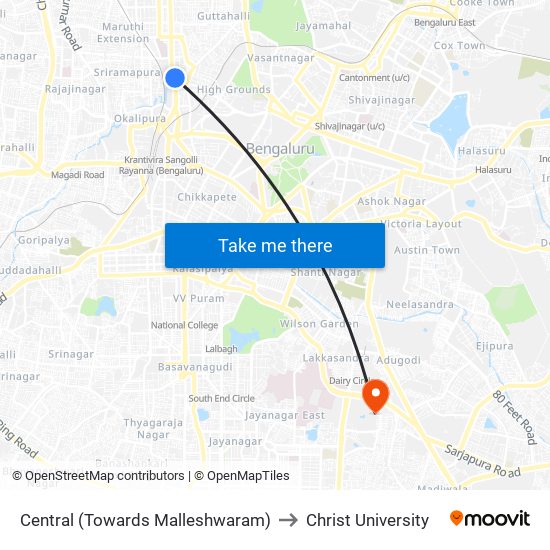 Central (Towards Malleshwaram) to Christ University map