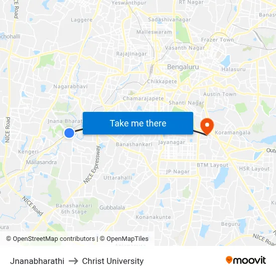 Jnanabharathi to Christ University map
