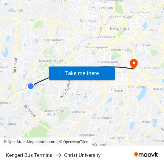 Kengeri Bus Terminal to Christ University map