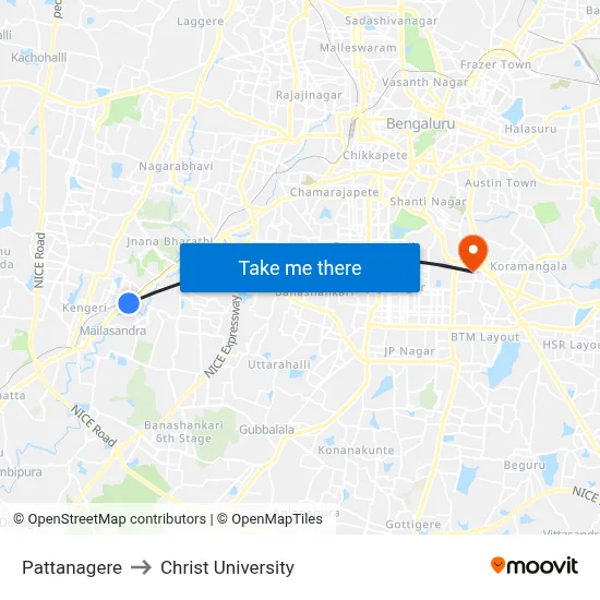 Pattanagere to Christ University map