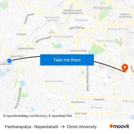 Pantharapalya - Nayandahalli to Christ University map