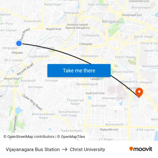 Vijayanagara Bus Station to Christ University map