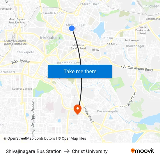 Shivajinagara Bus Station to Christ University map