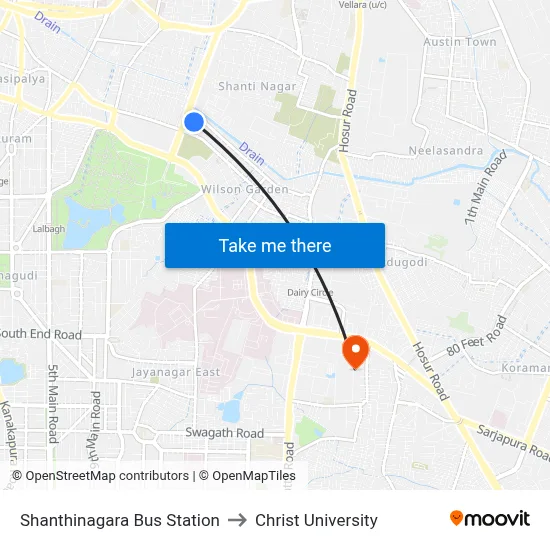 Shanthinagara Bus Station to Christ University map