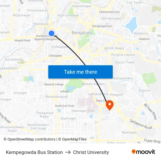 Kempegowda Bus Station to Christ University map