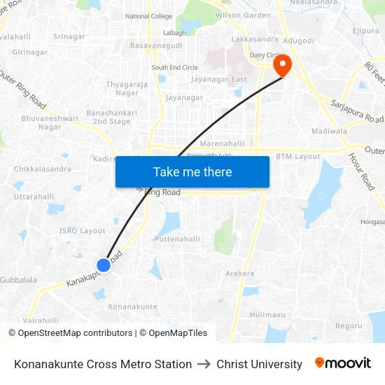 Konanakunte Cross Metro Station to Christ University map