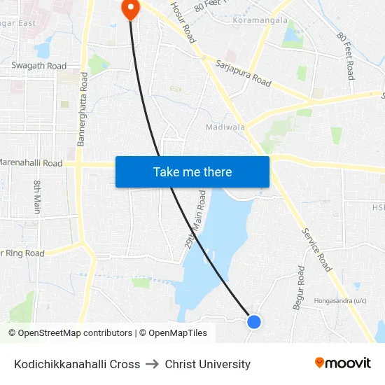 Kodichikkanahalli Cross to Christ University map