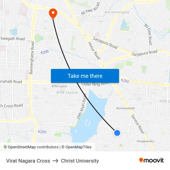 Virat Nagara Cross to Christ University map